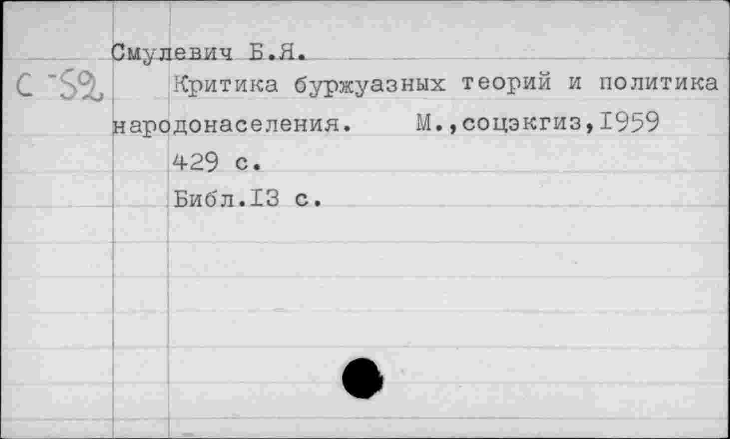 ﻿Смулевич Б.Я.
Критика буржуазных теорий и политика народонаселения. М.,соцэкгиз,1959
429 с.
Библ.13 с.